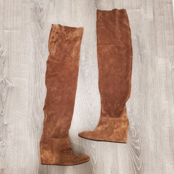 NEW AGL Brown Suede Over The Knee Wedge Boots - Picture 1 of 4